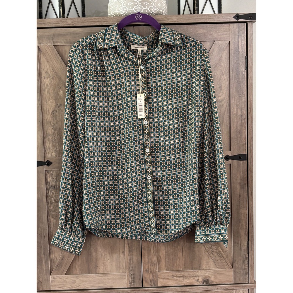 Max Studio Womens Geometric Floral Print Button Down Blouse Teal Blue Small NWT